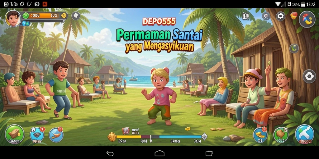 Tampilan gameplay DEPO555 yang ceria dan penuh warna.