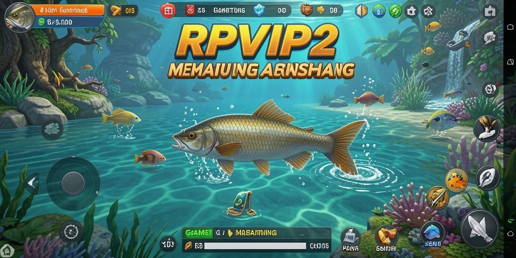 Tampilan gameplay RPVIP2 saat menangkap ikan di danau.