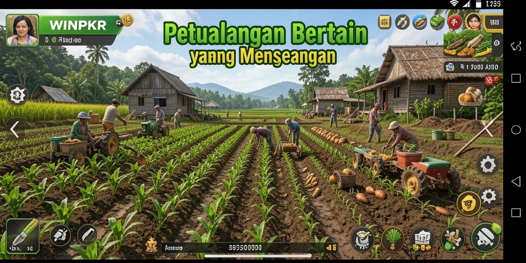 Tangkapan layar gameplay <strong>WINPKR</strong> yang menunjukkan aktivitas bertani yang seru.